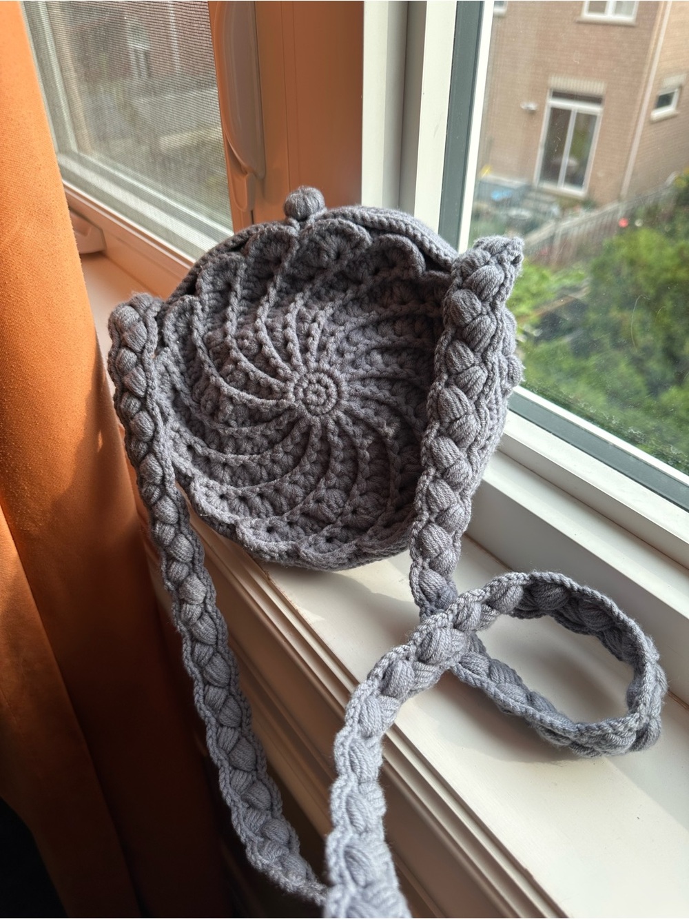 Hand Crochet Hand Made Round Crossbody Bag Gray Knit NEW unused